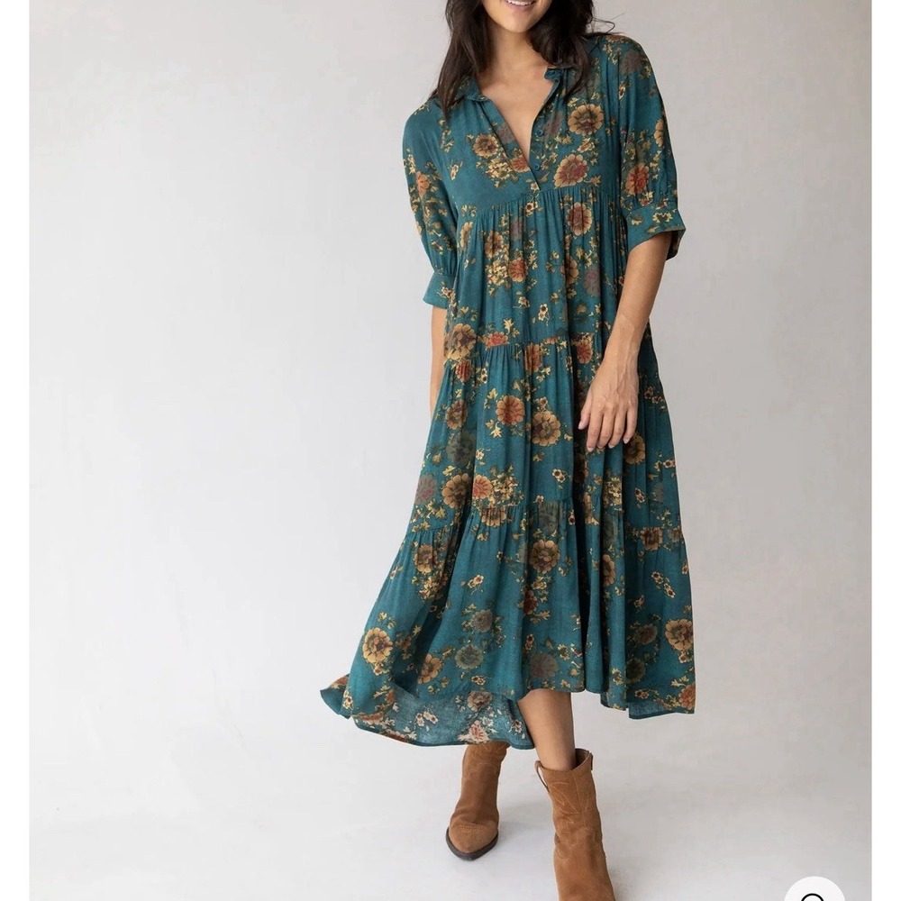 Natural Life Teal Floral Tiered Midi Dress Short Sleeve Collared Relaxed Large